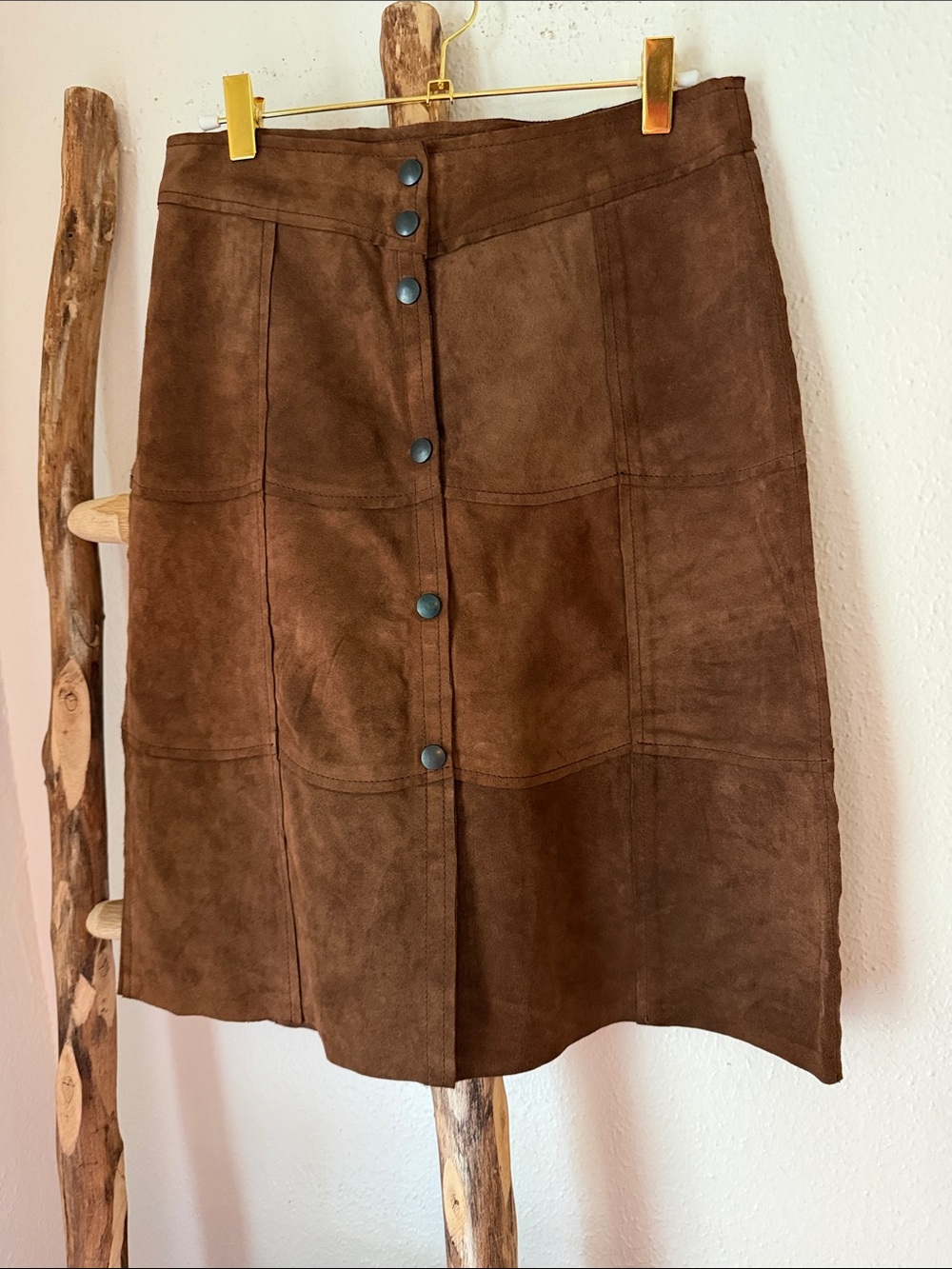 GAP Vintage Patchwork Brown Suede Snap Front A-lin Western Fall Skirt - 2 Small